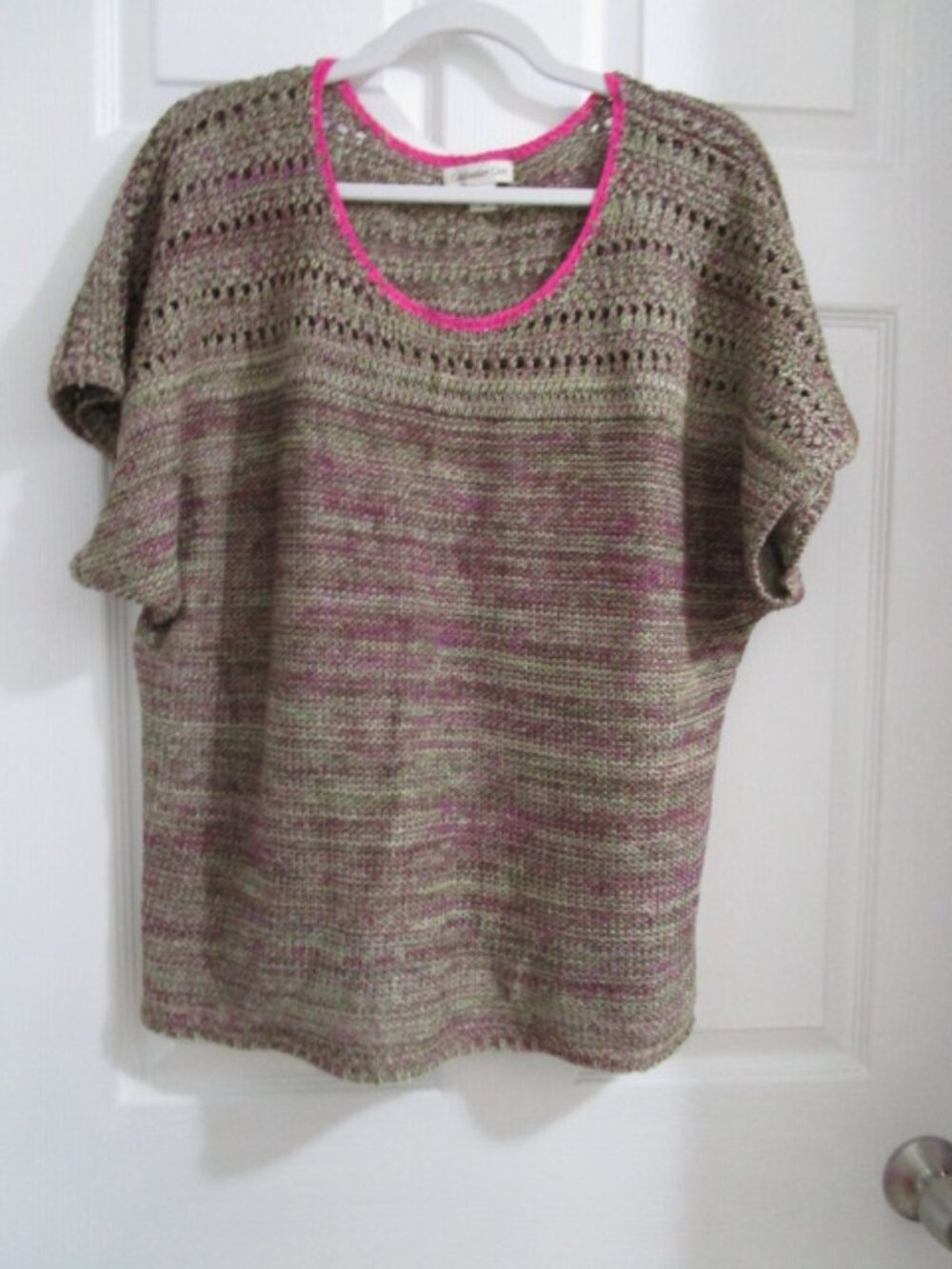Coldwater Creek Brown Pink Soft Crochet Cotton Linen Blend Sweater XL 16-18